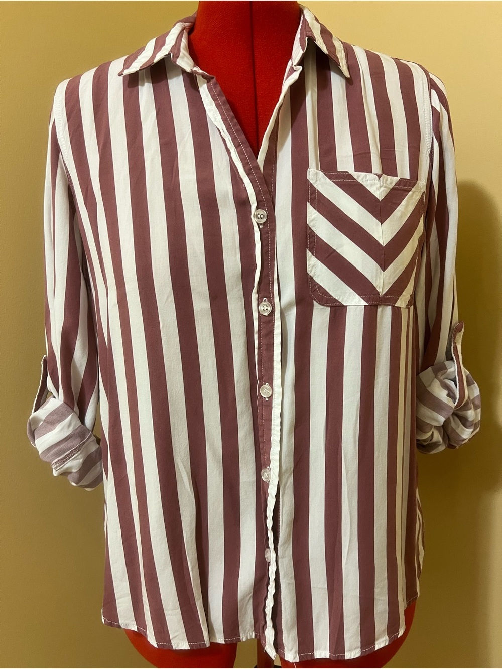 Women’s Casual Striped Button-Down Shirt — White & Wine